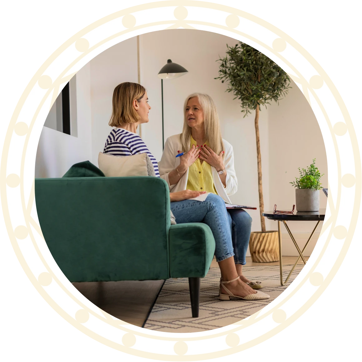 Counseling session on a green sofa